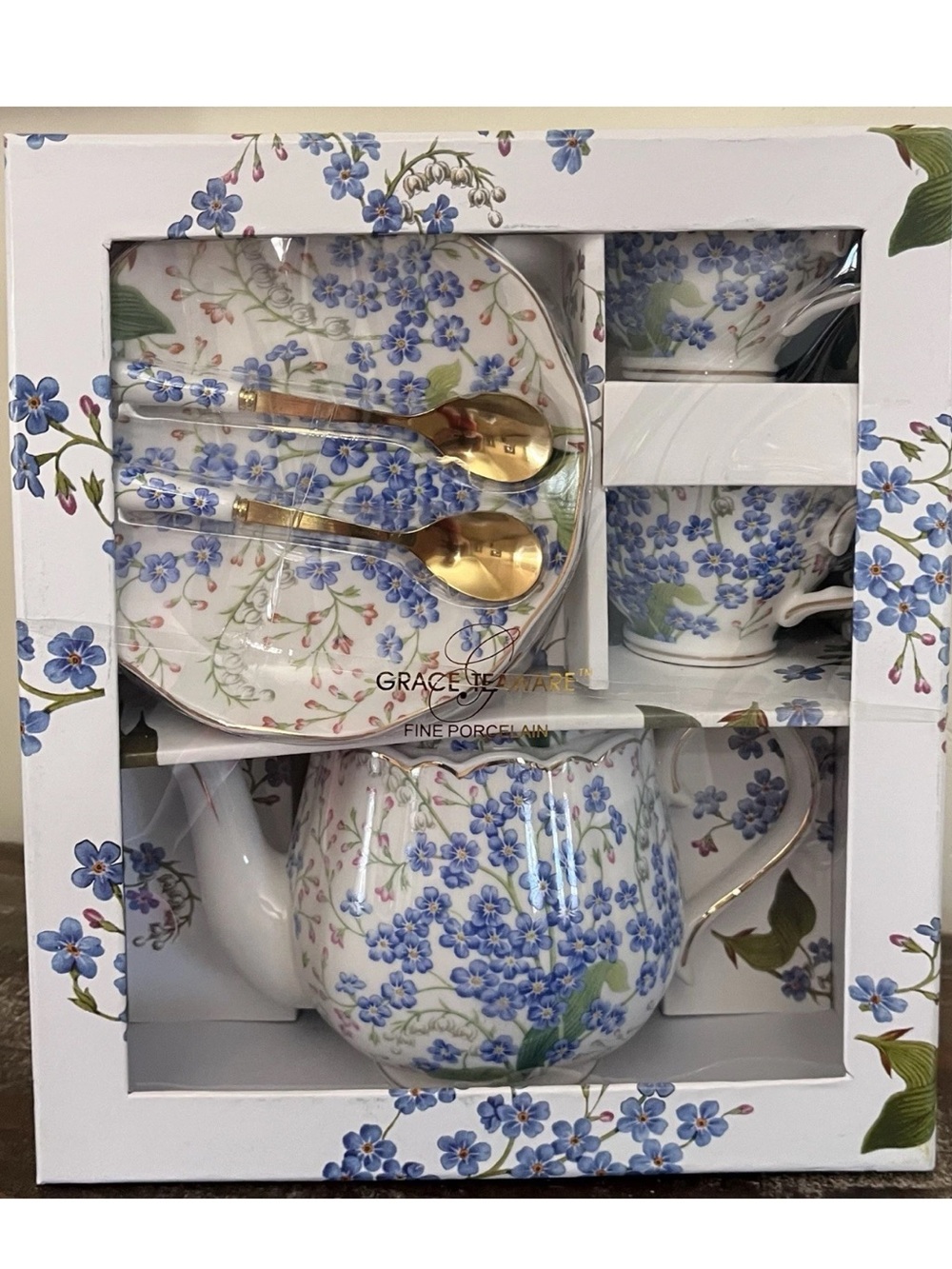 Grace Teaware Fine Porcelain Tea Cup Tea Pot Gift Set Floral Violets 7 Piece